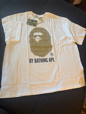 Bape White Tee with Olive Camo Ape Head Graphic